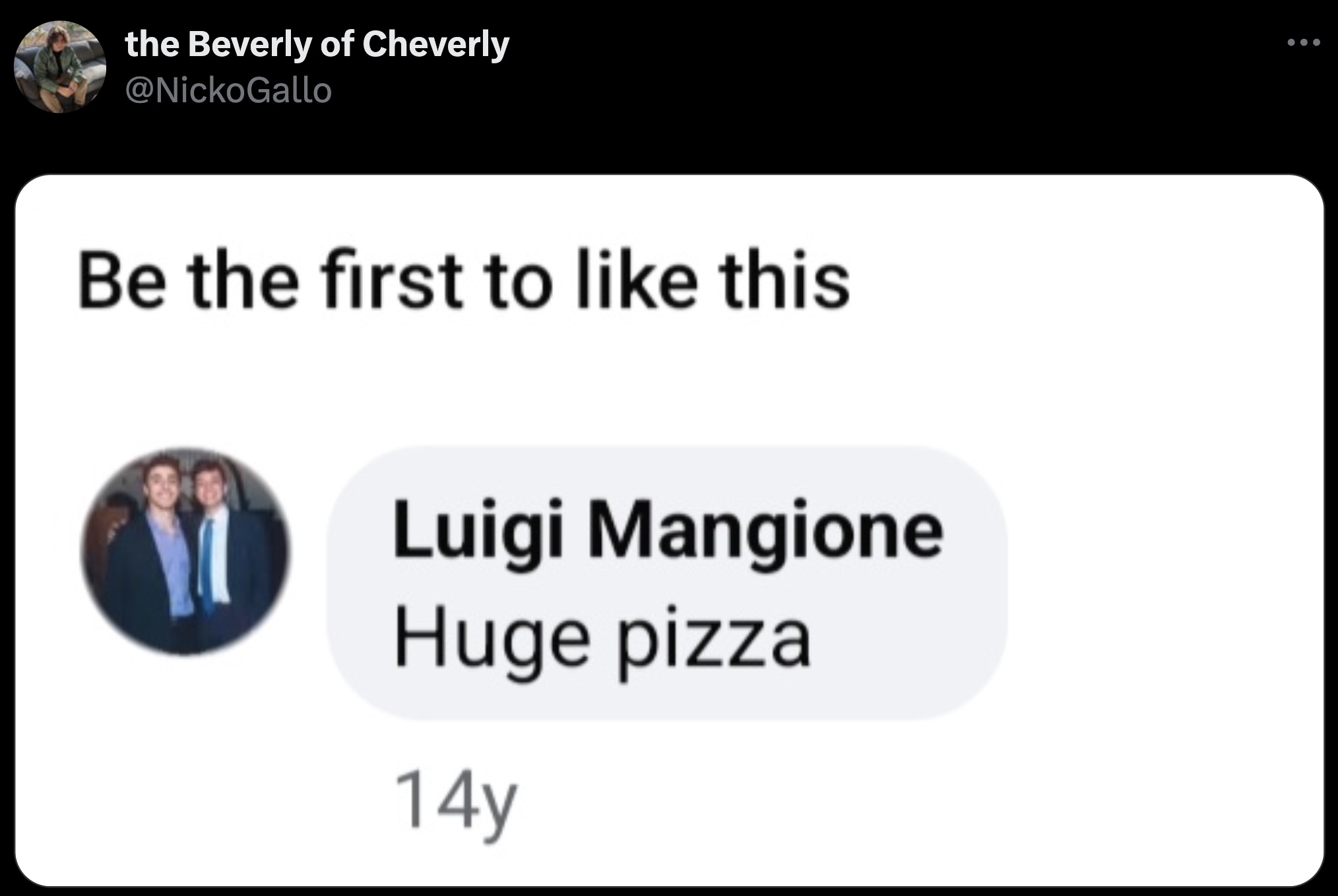 screenshot - the Beverly of Cheverly Be the first to this Luigi Mangione Huge pizza 14y